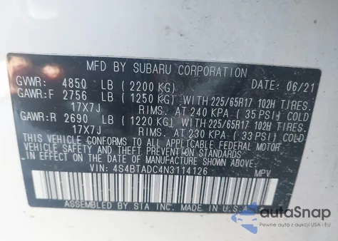 2022 Subaru Outback Premium from USA, damaged, VIN 4S4BTADC4N3114126